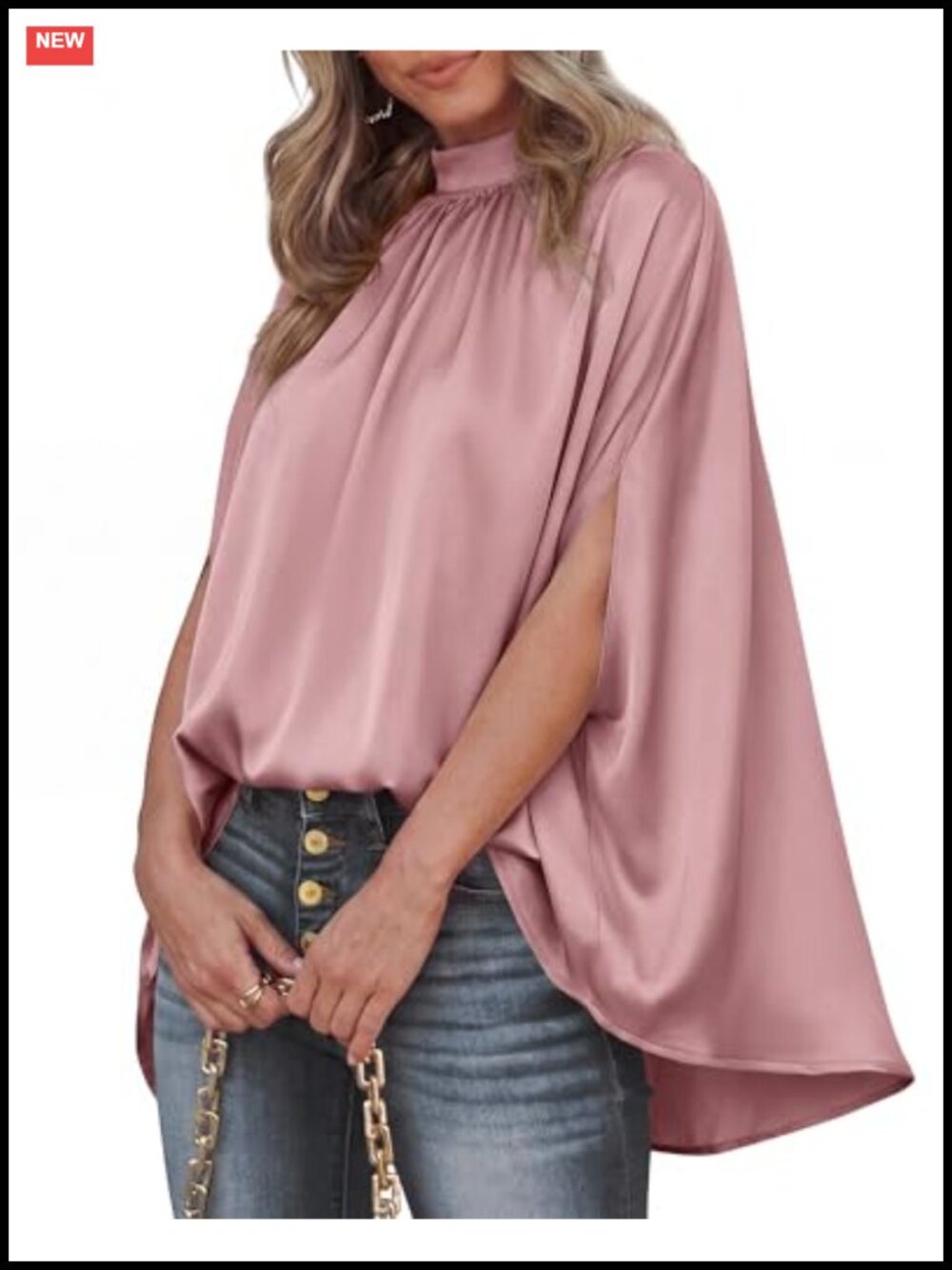 Oversized Satin Blouse with Batwing Short Sleeve & Back Tie